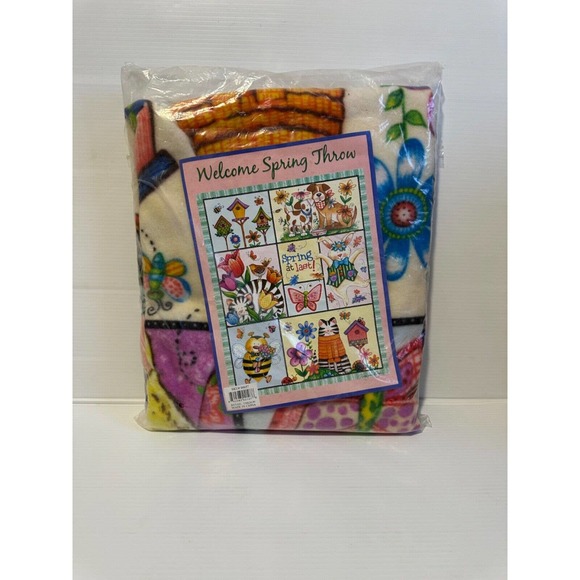 Debra Jordan Bryan Spring at Last Welcome Throw Blanket Cat Bunny Bee Flower Dog - Picture 2 of 4